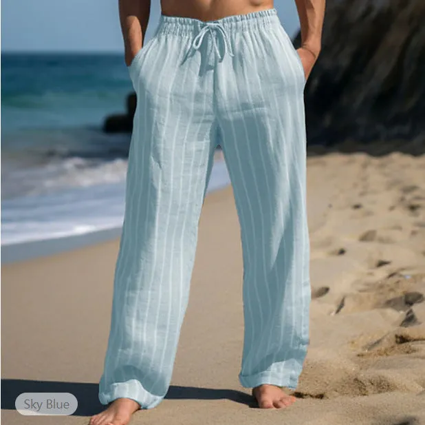 Men's Linen Drawstring Elastic Striped Pants