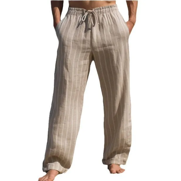 Men's Linen Drawstring Elastic Striped Pants