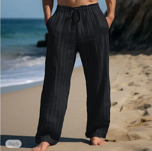 Men's Linen Drawstring Elastic Striped Pants