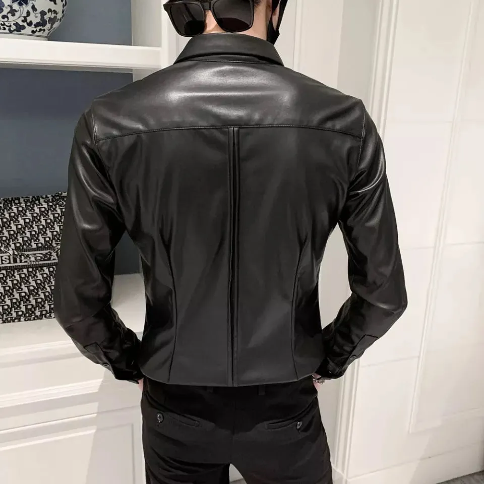 Men’s Slim Fit Black Sheepskin Leather Formal Shirt