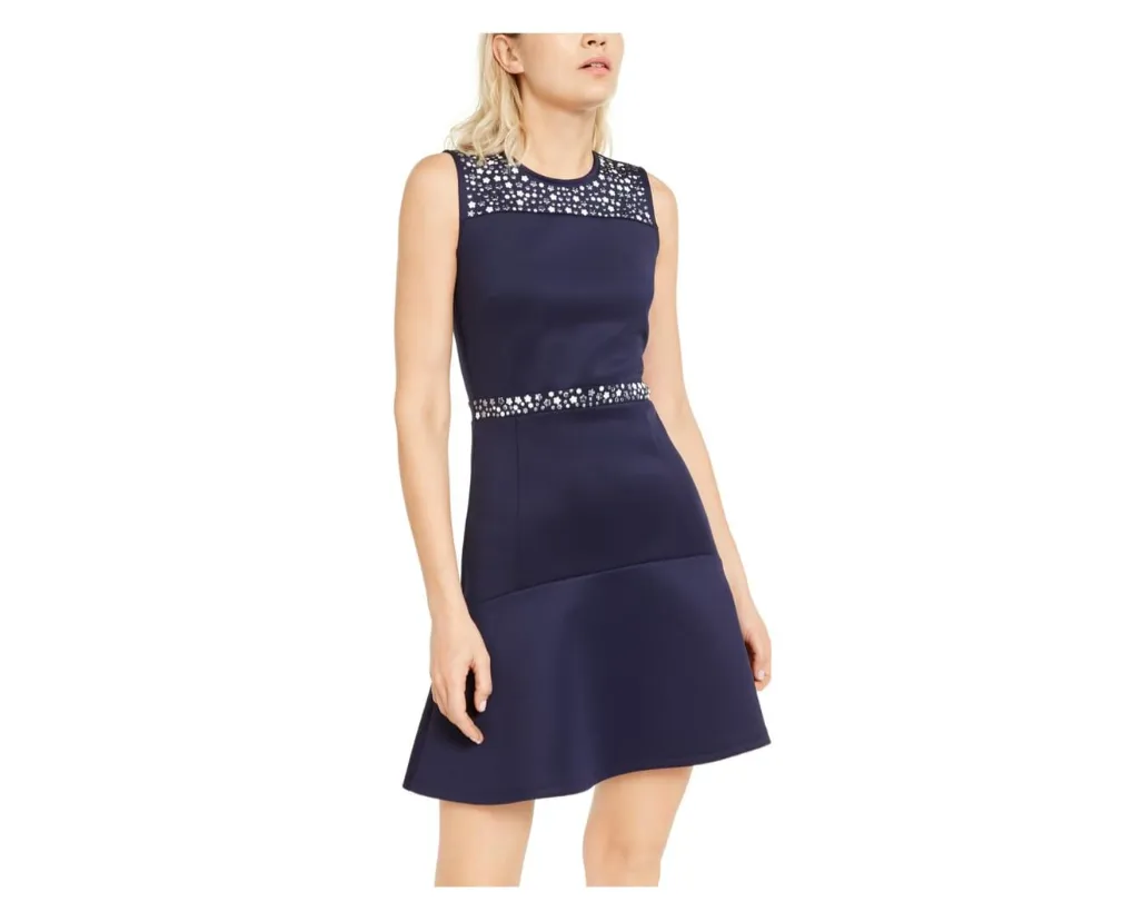 MICHAEL KORS Women's Navy Embellished Fit and Flare Mini Dress