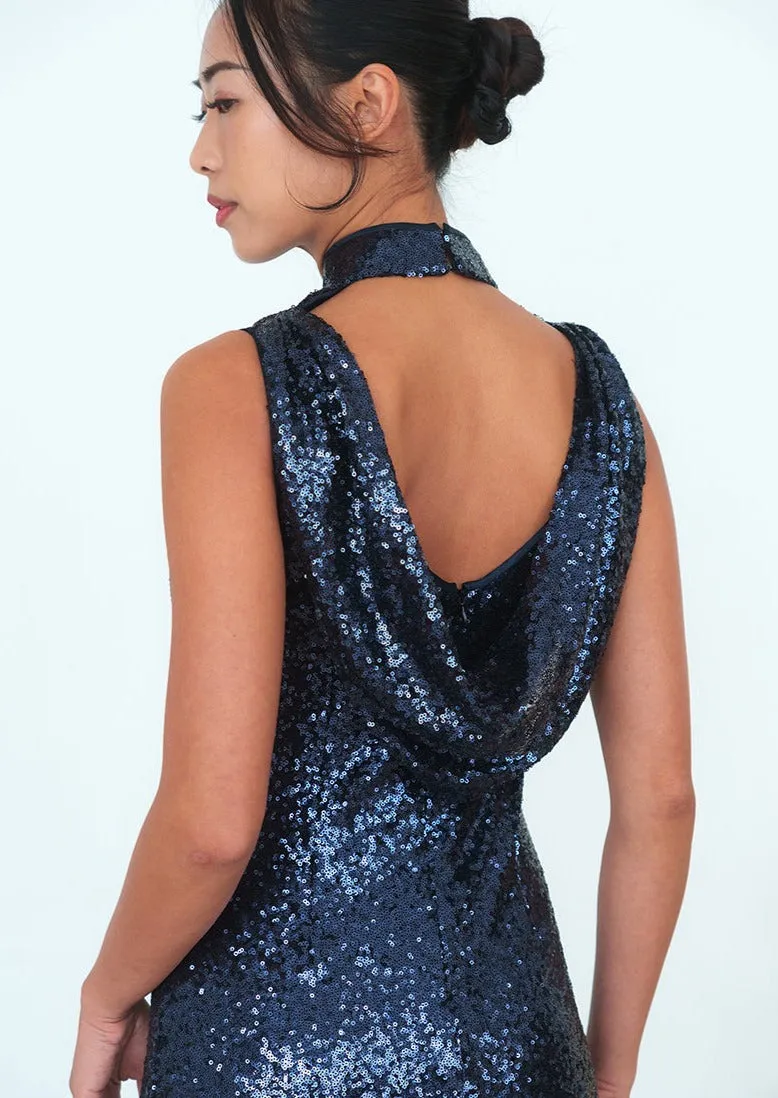 Midnight Elegance Scoop Back Sequins Qipao (Dark Blue)