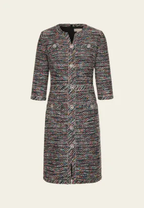 Mixed tweed V-neck Hollow-carved Crystal Button Metalic-trim Dress