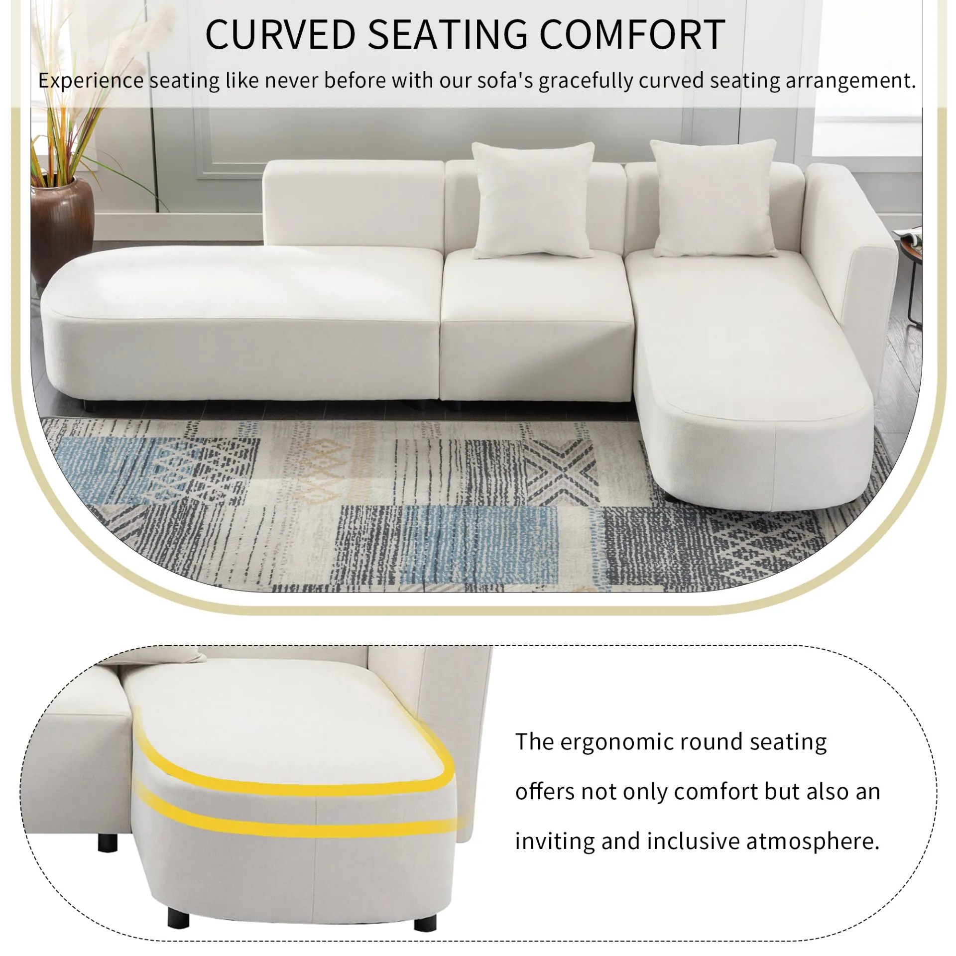 Modern Living Room Upholstery Unique Sofa with 2 Throw Pillows