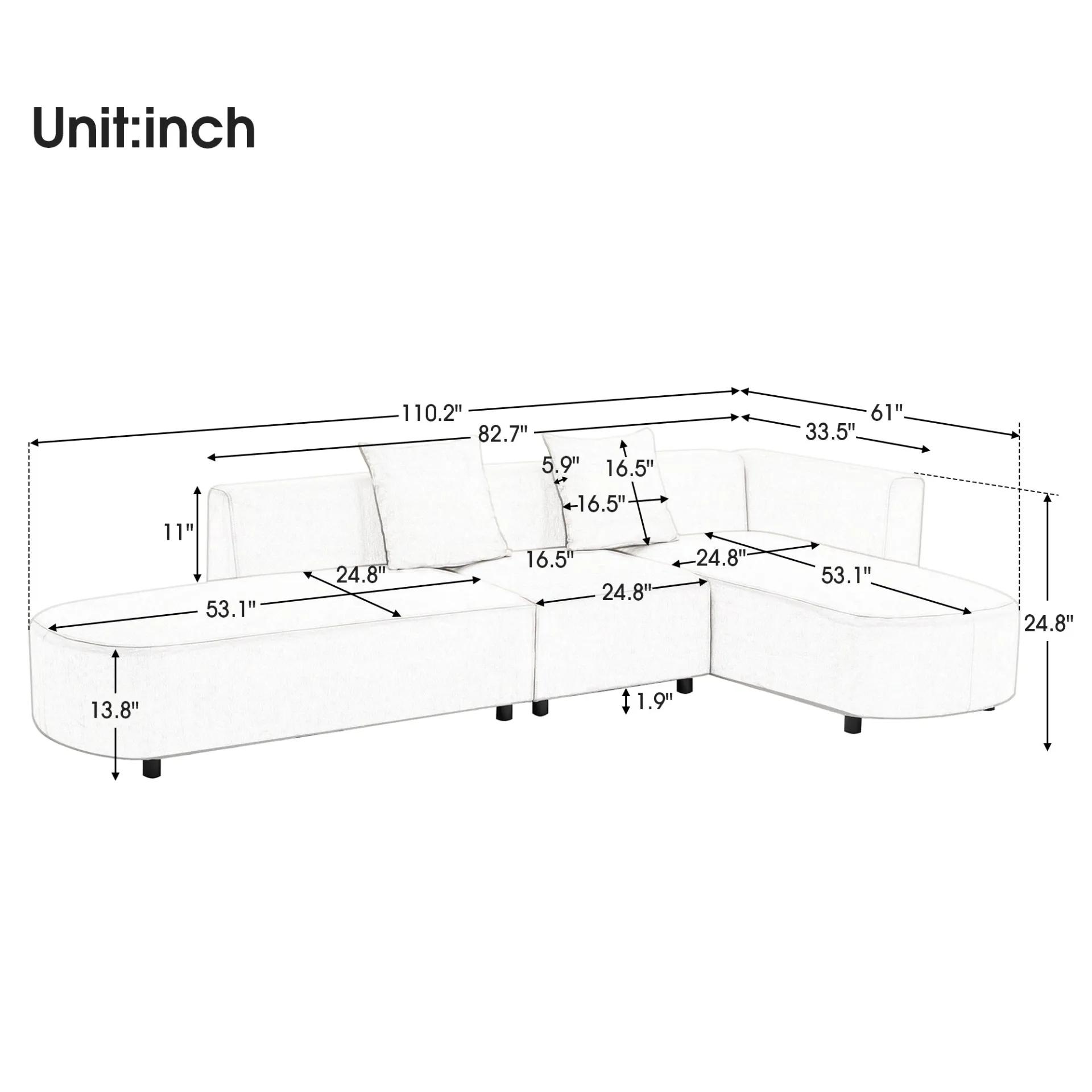 Modern Living Room Upholstery Unique Sofa with 2 Throw Pillows