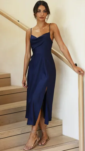 Navy Satin Slip Midi Dress