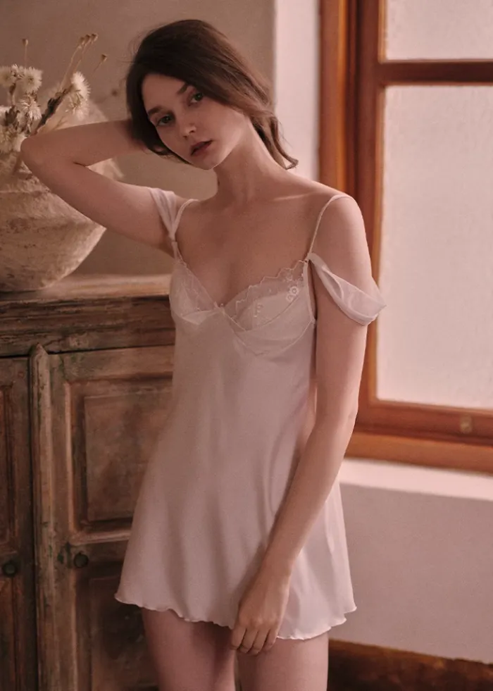 Off Shoulder White Satin Slip Dress