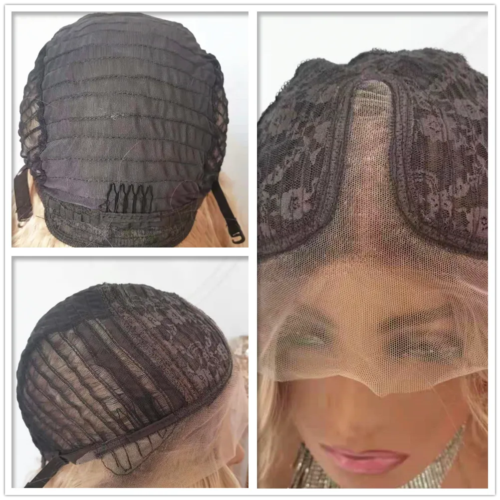 Ombre Synthetic Wig Blonde Lace Front Wig Middle Part Highlight Wig Long Straight Hair 22 Inch