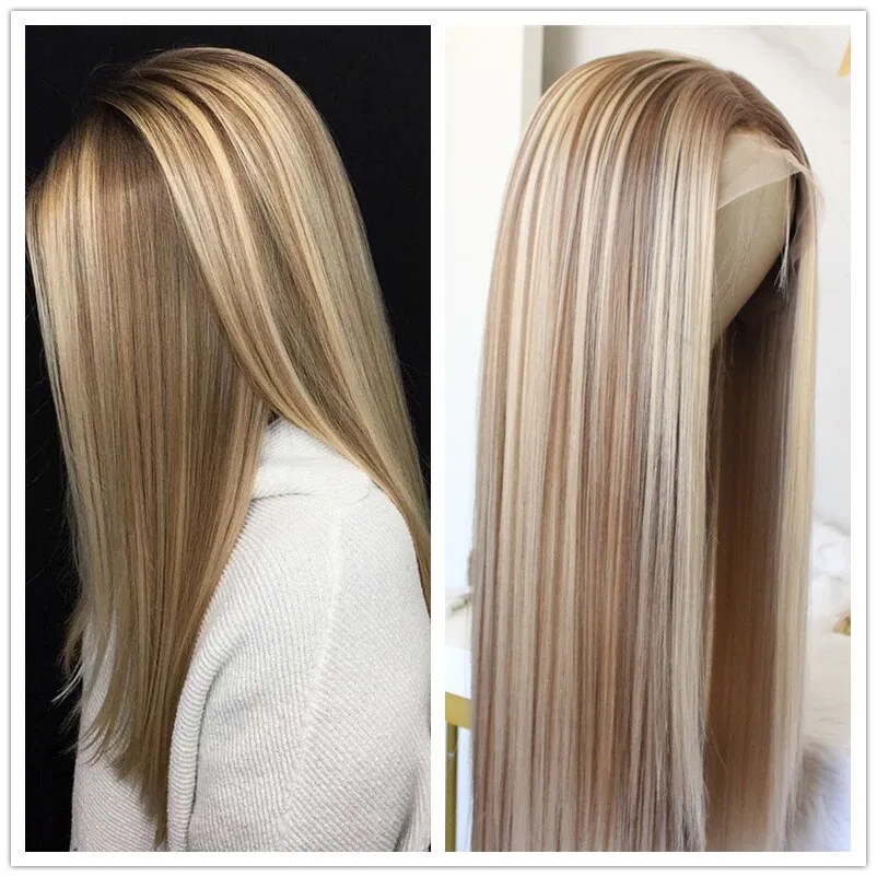 Ombre Synthetic Wig Blonde Lace Front Wig Middle Part Highlight Wig Long Straight Hair 22 Inch