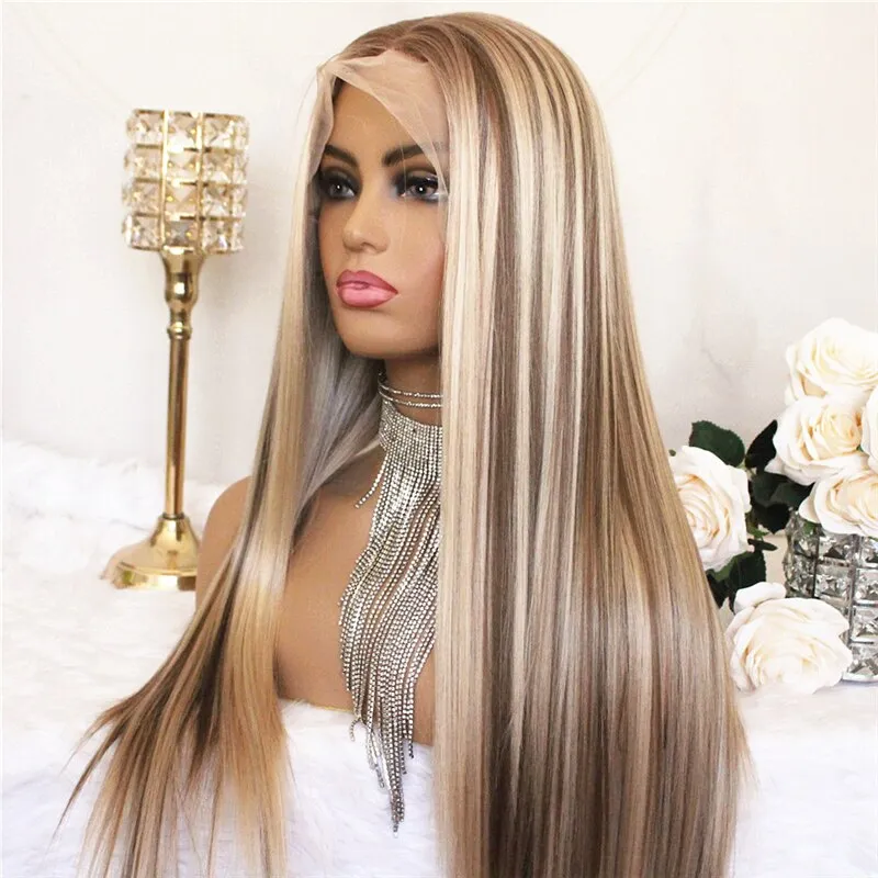 Ombre Synthetic Wig Blonde Lace Front Wig Middle Part Highlight Wig Long Straight Hair 22 Inch