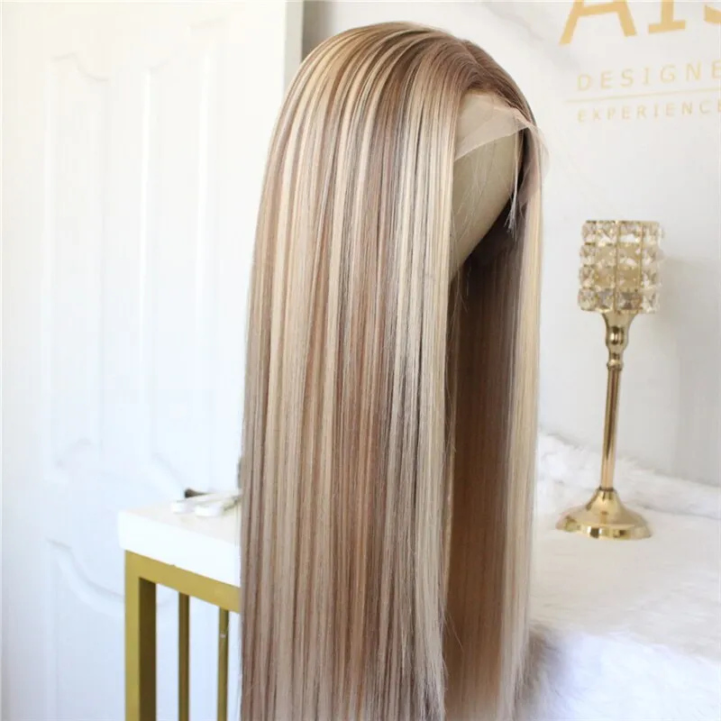 Ombre Synthetic Wig Blonde Lace Front Wig Middle Part Highlight Wig Long Straight Hair 22 Inch