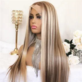 Ombre Synthetic Wig Blonde Lace Front Wig Middle Part Highlight Wig Long Straight Hair 22 Inch