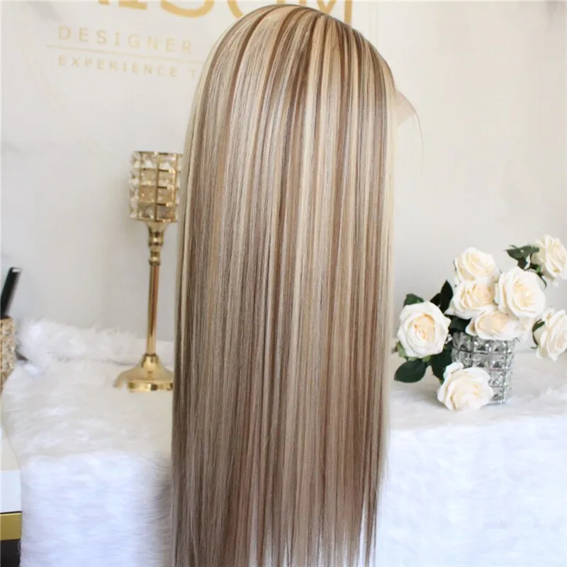 Ombre Synthetic Wig Blonde Lace Front Wig Middle Part Highlight Wig Long Straight Hair 22 Inch
