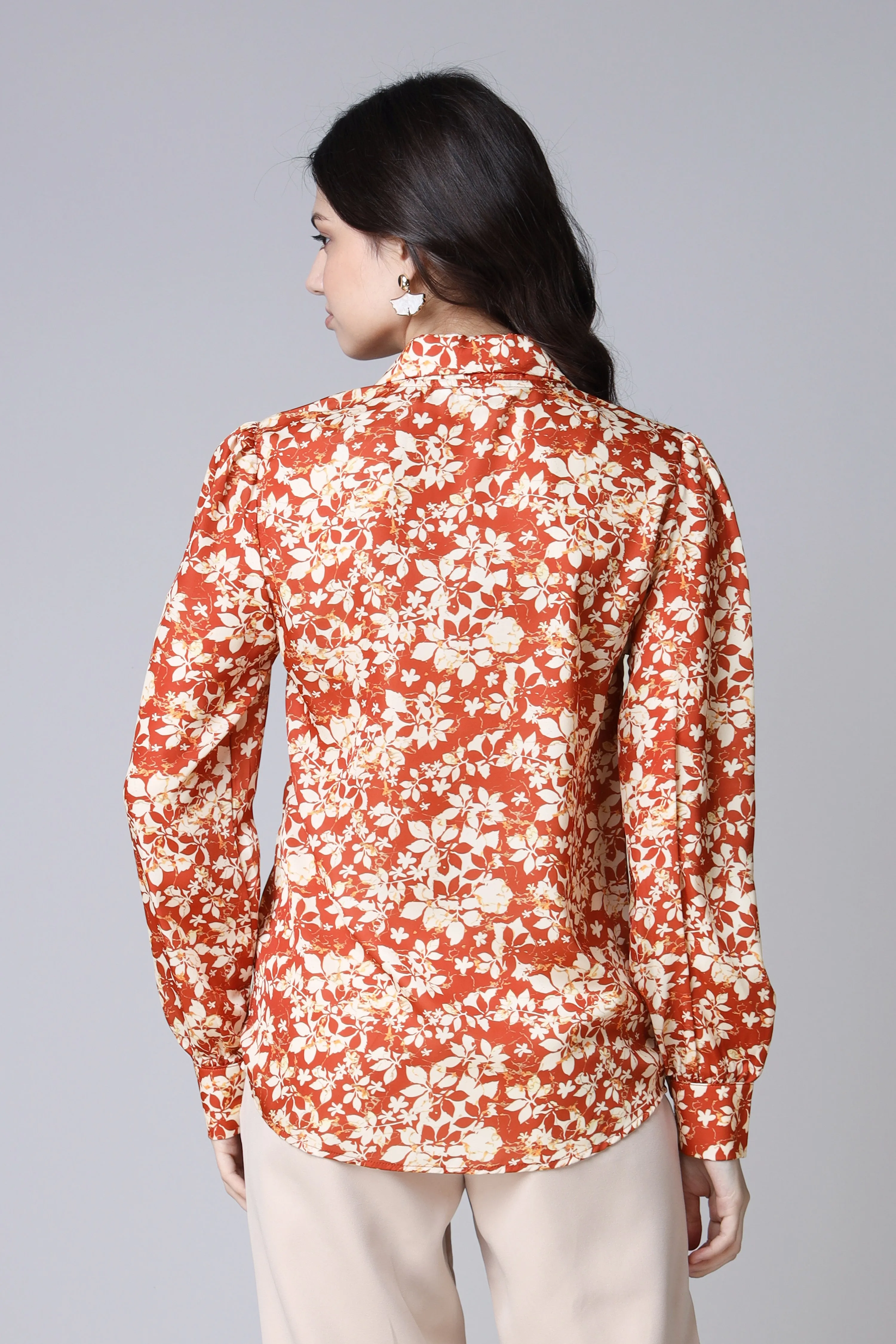 Orange Floral Spread Collar Long Sleeves Casual Shirt