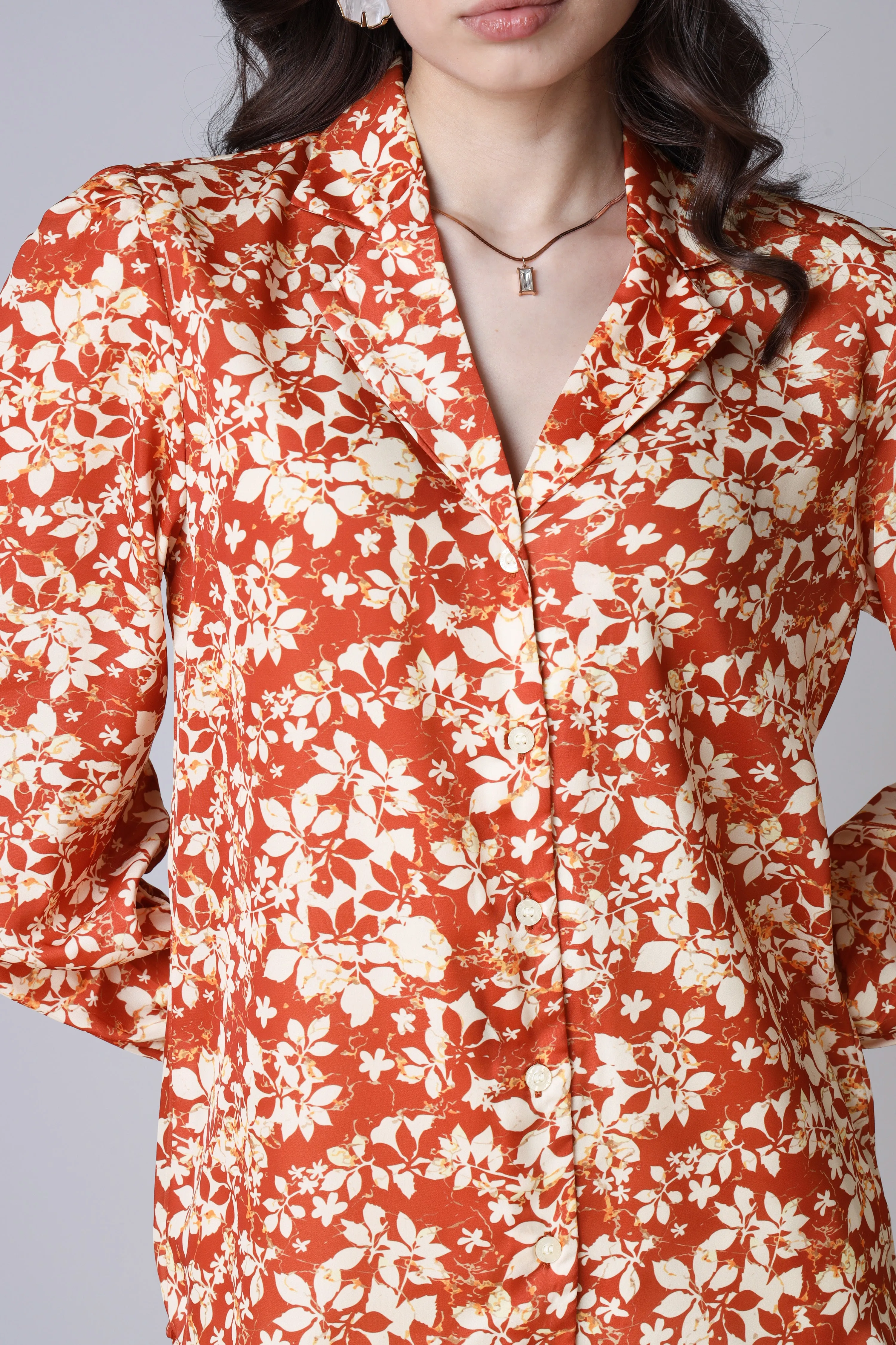 Orange Floral Spread Collar Long Sleeves Casual Shirt