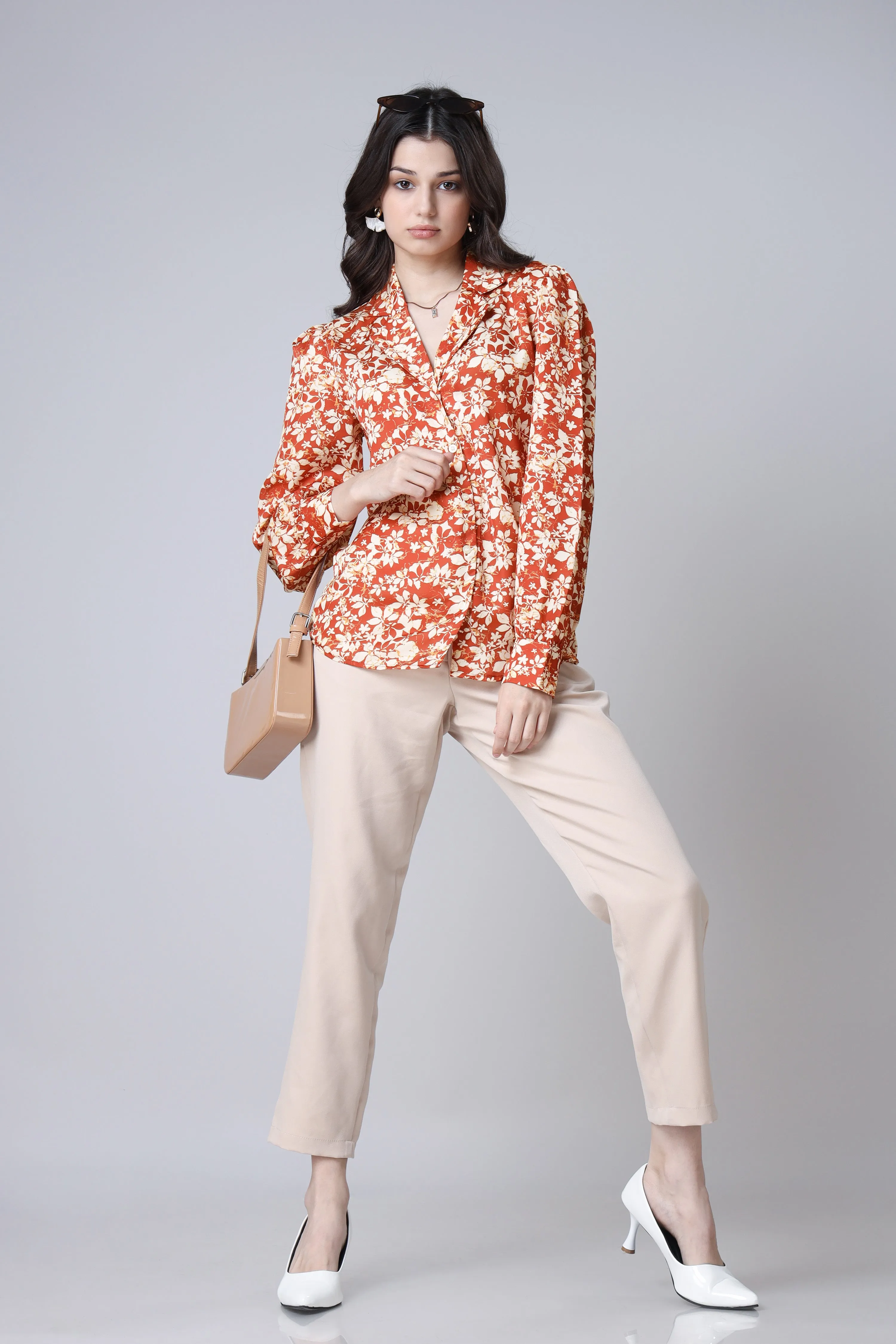 Orange Floral Spread Collar Long Sleeves Casual Shirt
