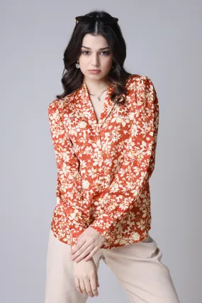 Orange Floral Spread Collar Long Sleeves Casual Shirt