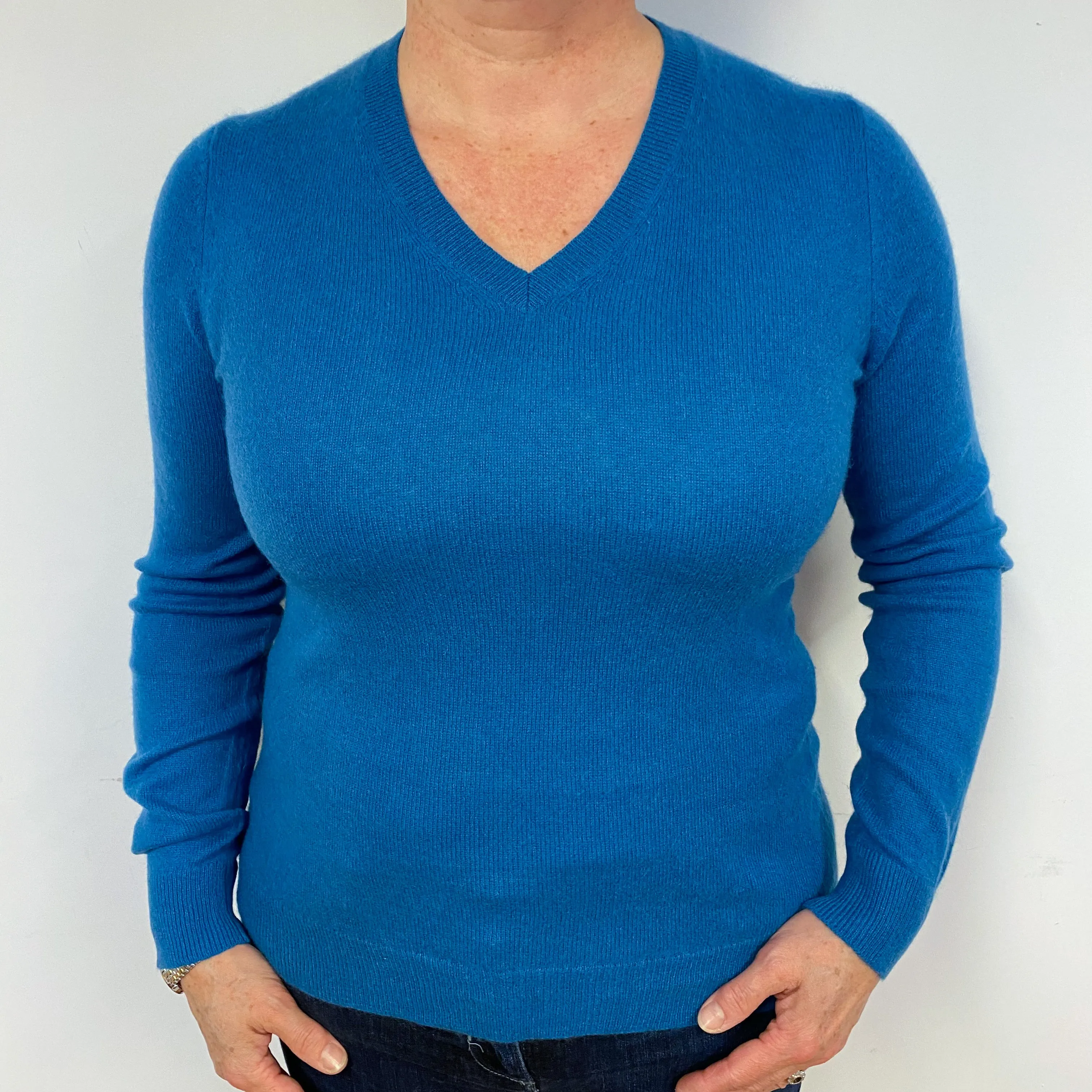 Petrol Blue Cashmere V-Neck Jumper Large.