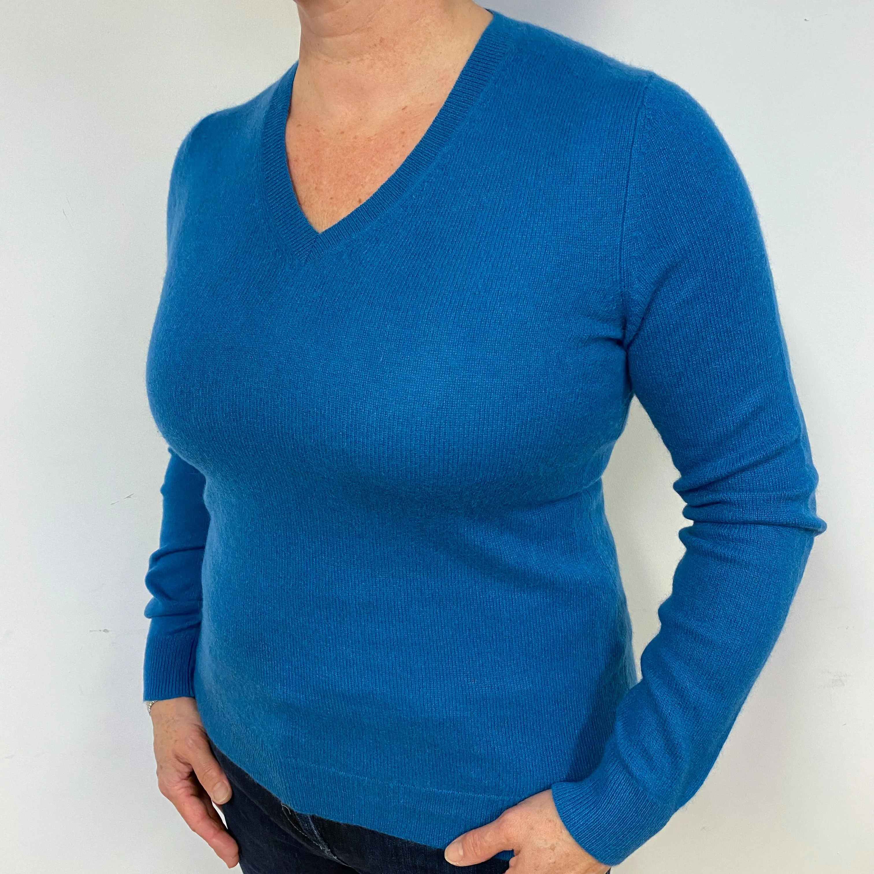 Petrol Blue Cashmere V-Neck Jumper Large.