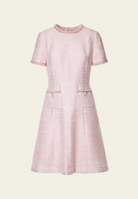 Pink Embellished Flared Tweed Dress