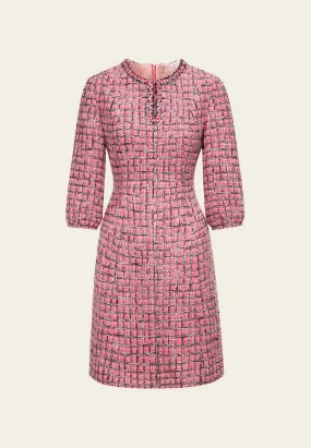 Pink Puff Sleeve Tweed Midi Dress
