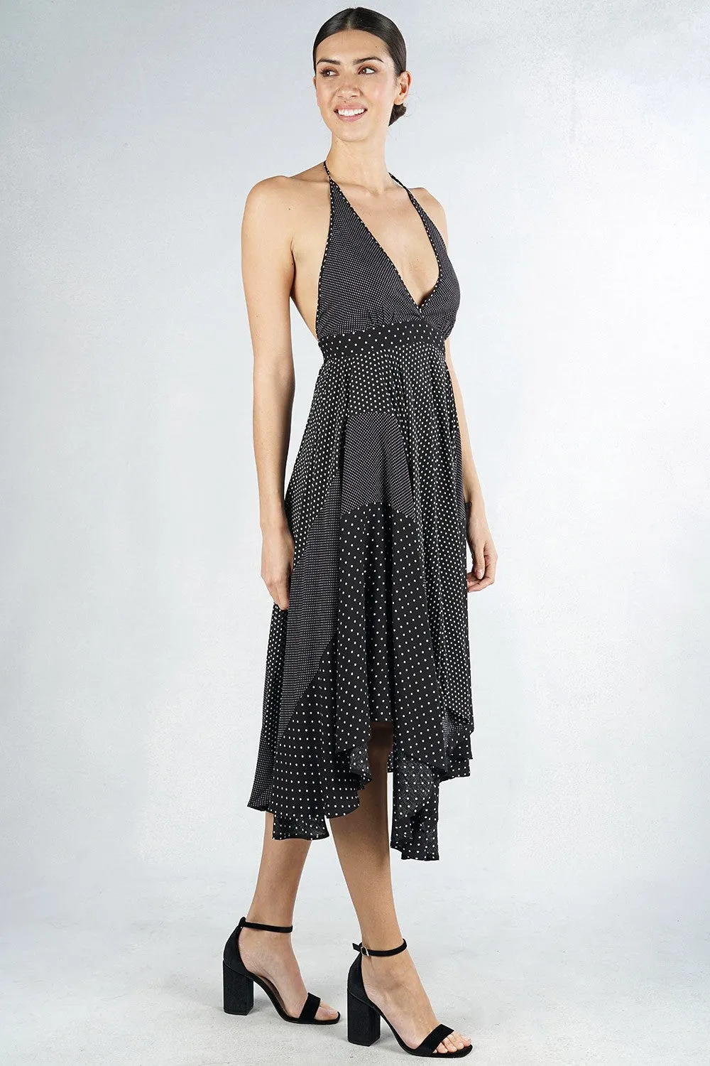 Polka Dot Halter Handkerchief Midi Dress