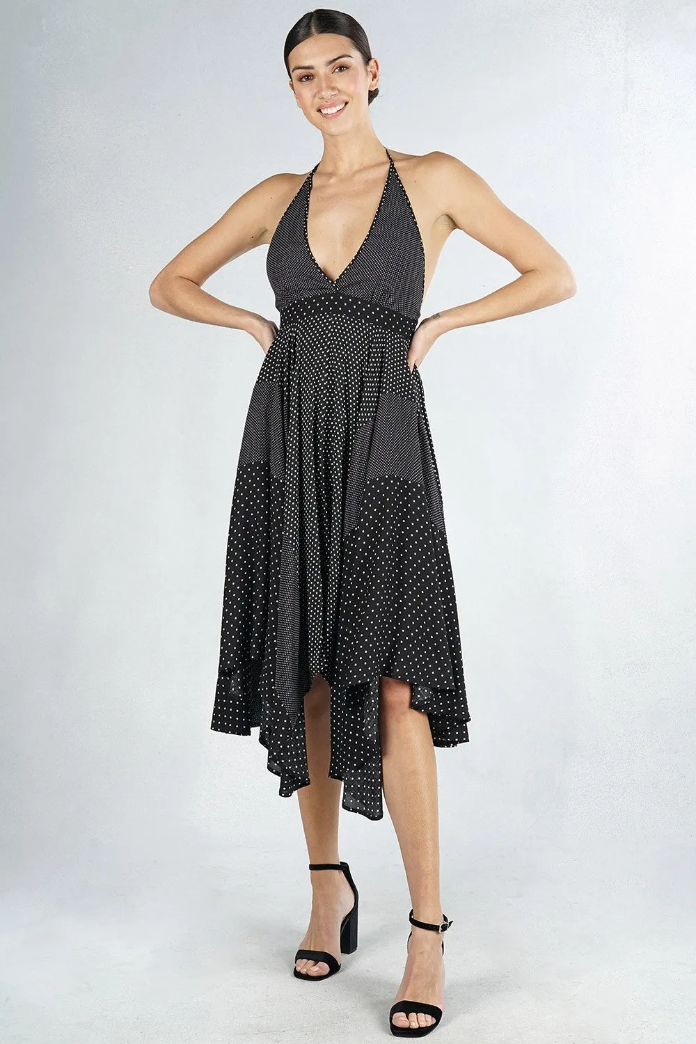 Polka Dot Halter Handkerchief Midi Dress