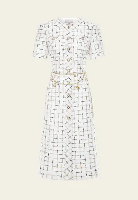 Prestige White Check Tweed Dress with Chain Belt