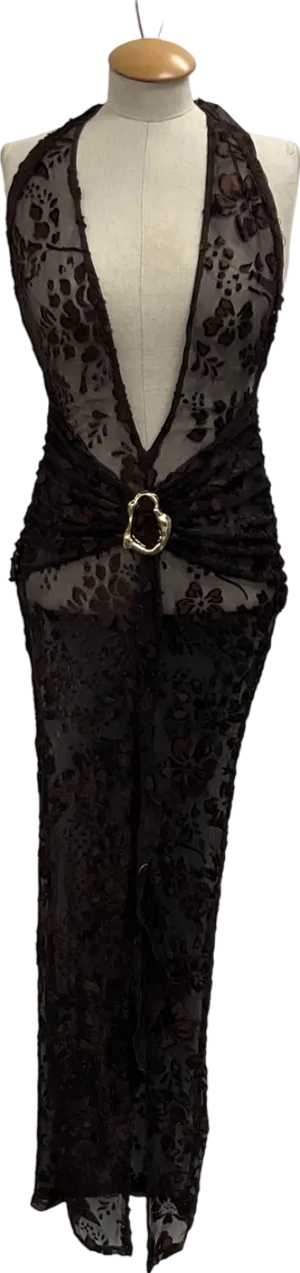 PrettyLittleThing Brown Devore Sheer Plunge Maxi Dress UK 8