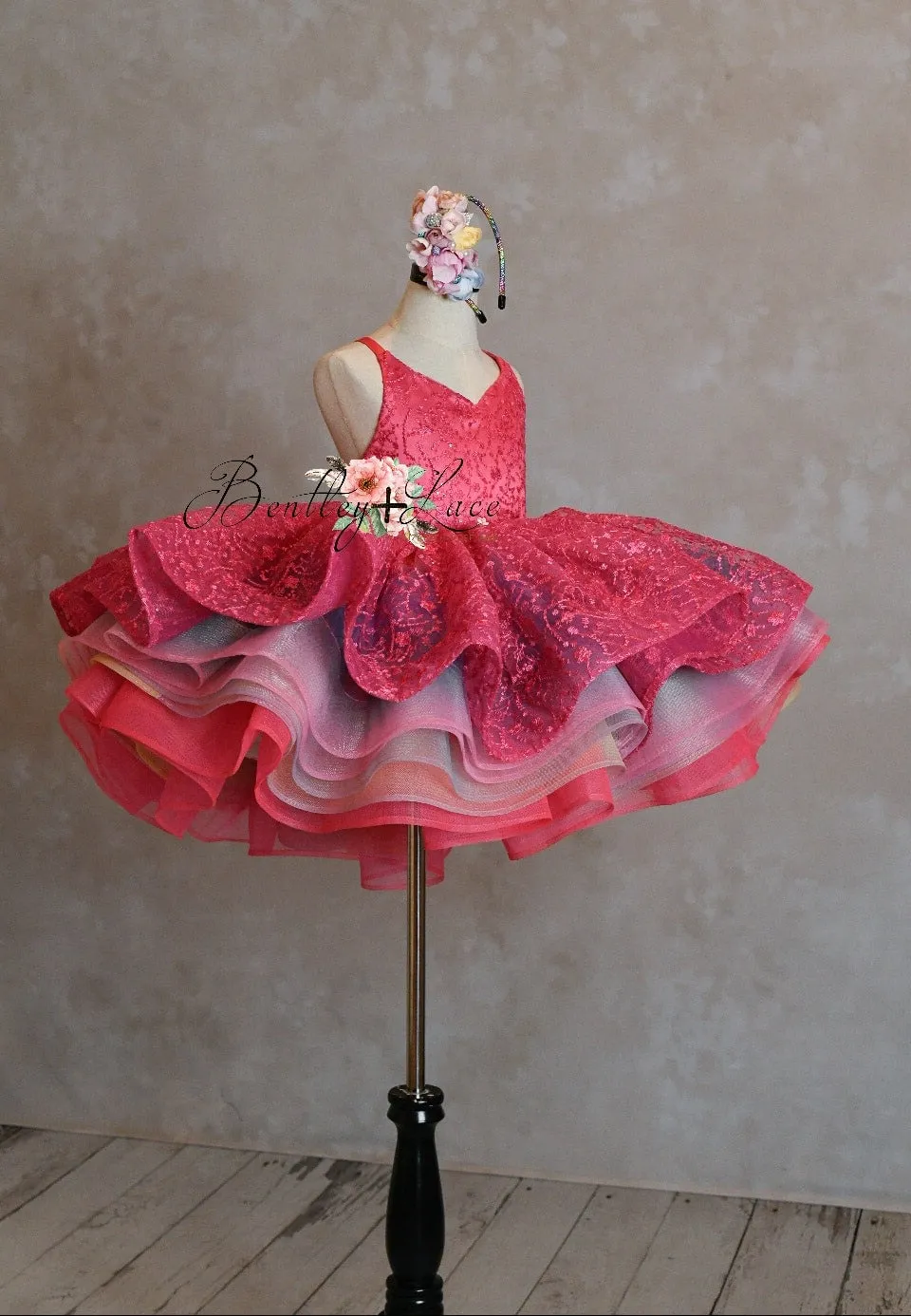 "Somewhere over the Rainbow" -  Bold Pink - Petal Short Length Dress ( 5 Year - Petite 6 Year)