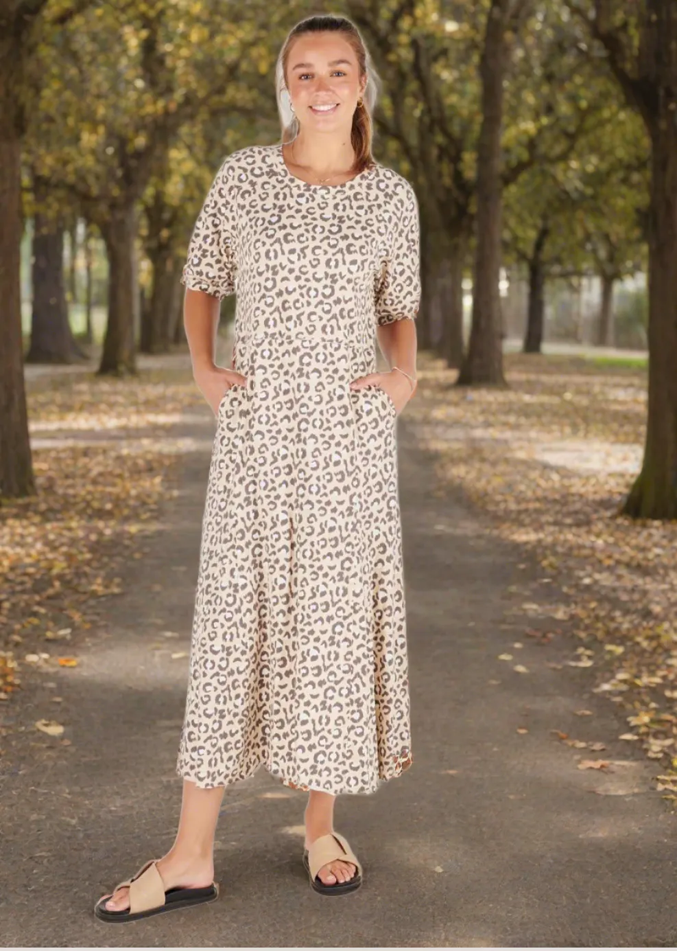 Raglan Sleeve Maxi Dress - Neutral Animal Print