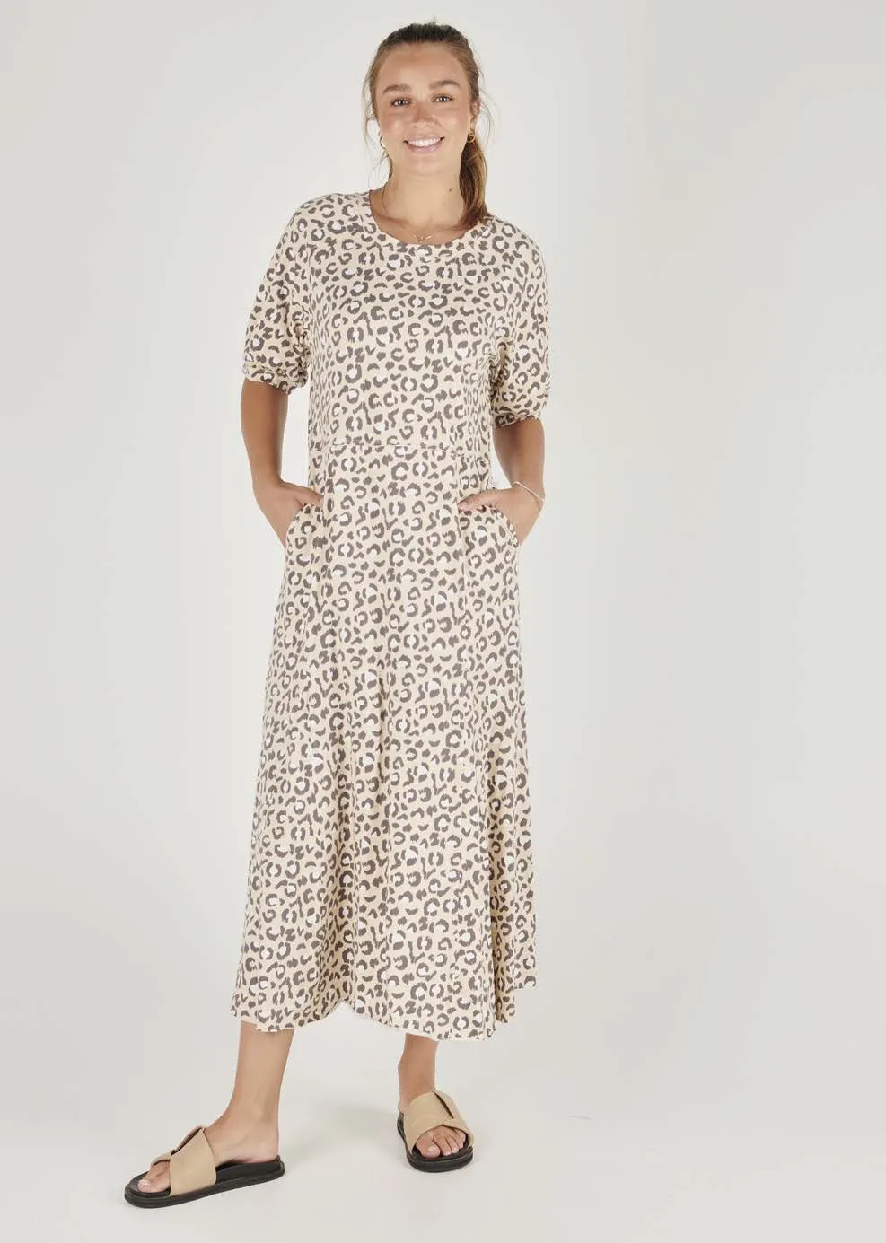 Raglan Sleeve Maxi Dress - Neutral Animal Print