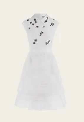 Rhinestone Embellished Tweed Organza-detailing Cocktail Dress