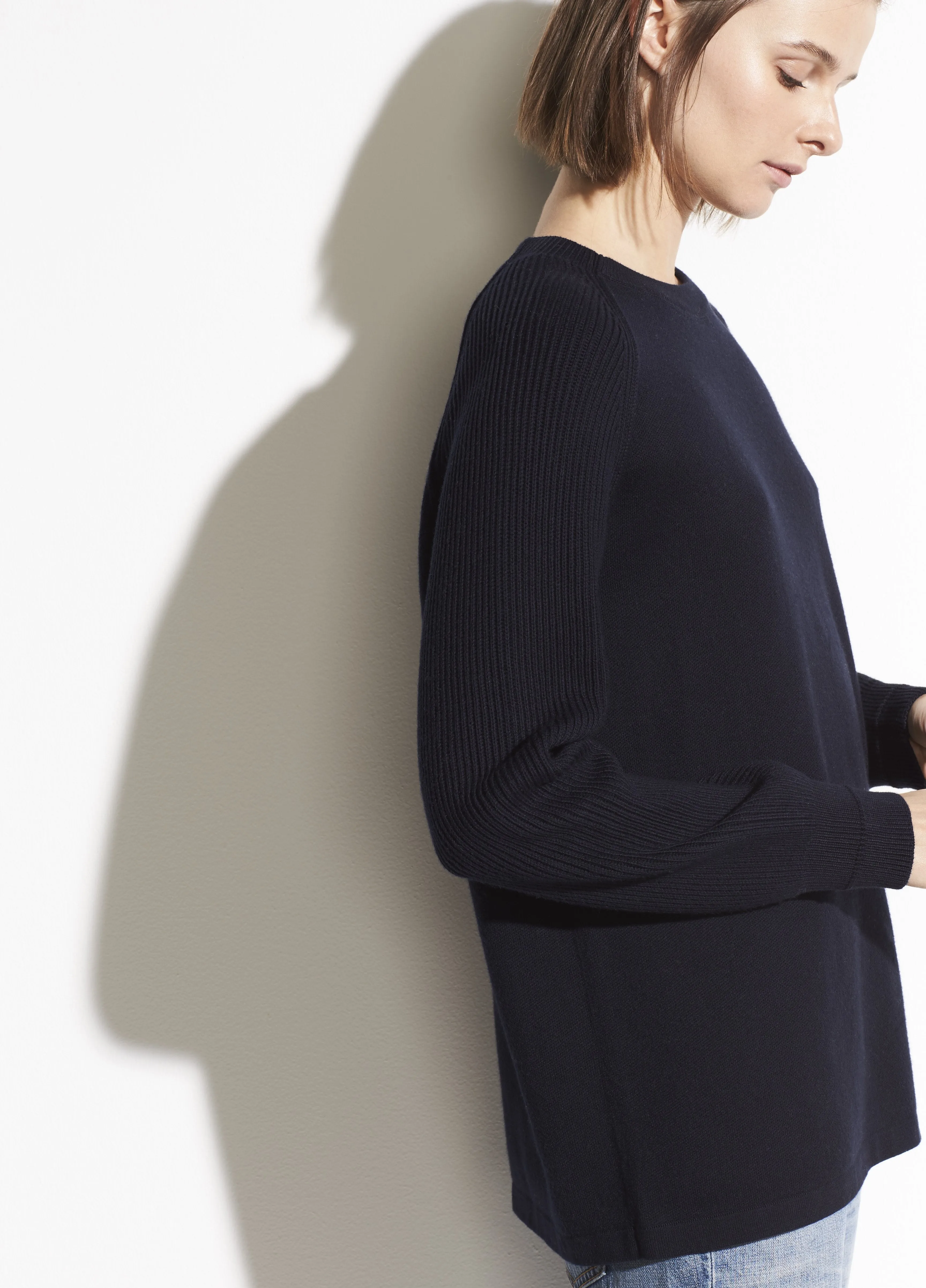 Ribbed Raglan Sleeve Crew in Coastal Blue