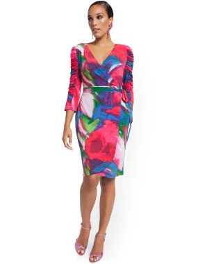 Ruched-Sleeve Wrap Dress - Abstract Watercolor Print