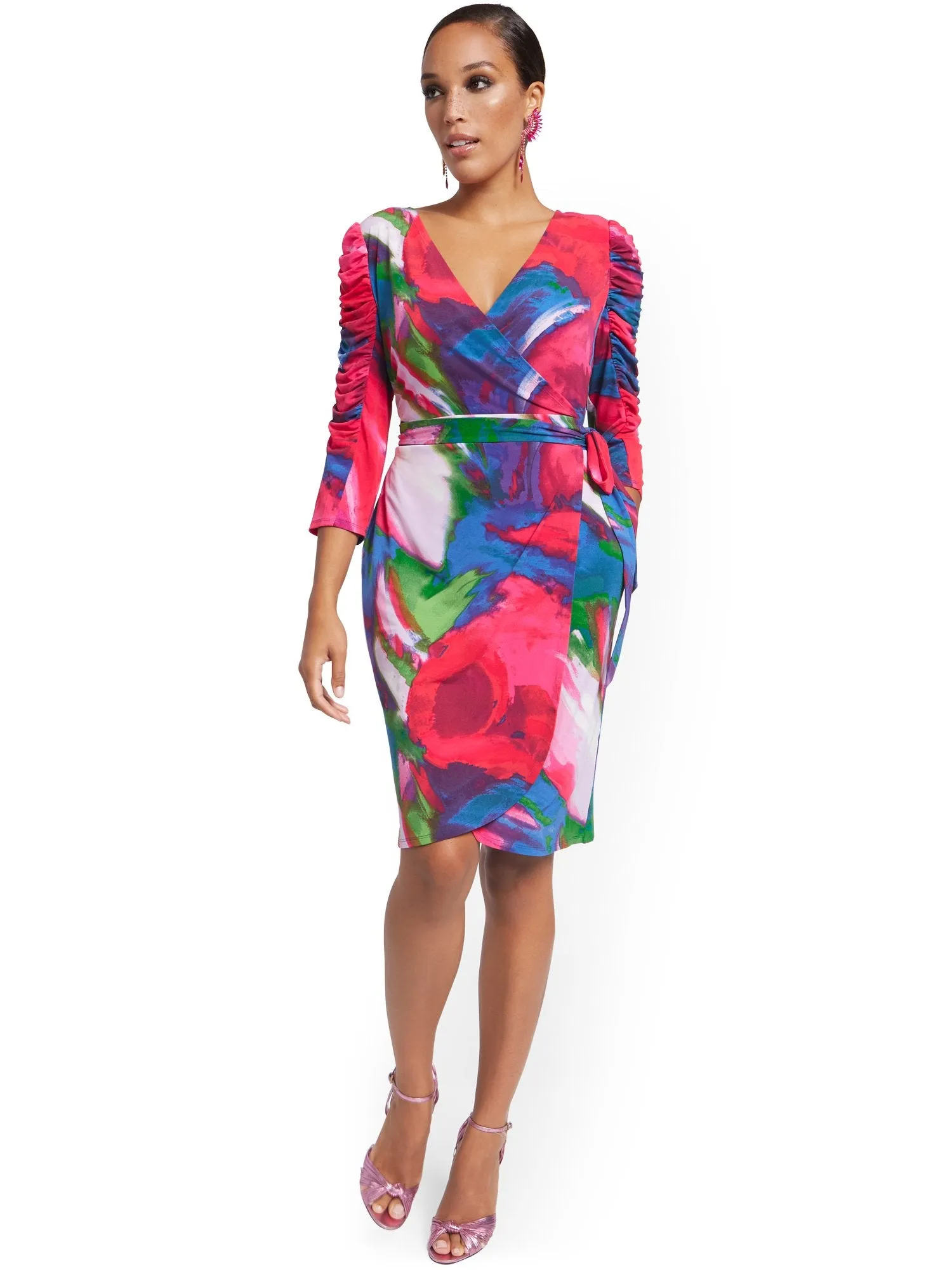 Ruched-Sleeve Wrap Dress - Abstract Watercolor Print