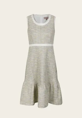 Ruffle-detailing White Lining Mix-green Tweed Dress