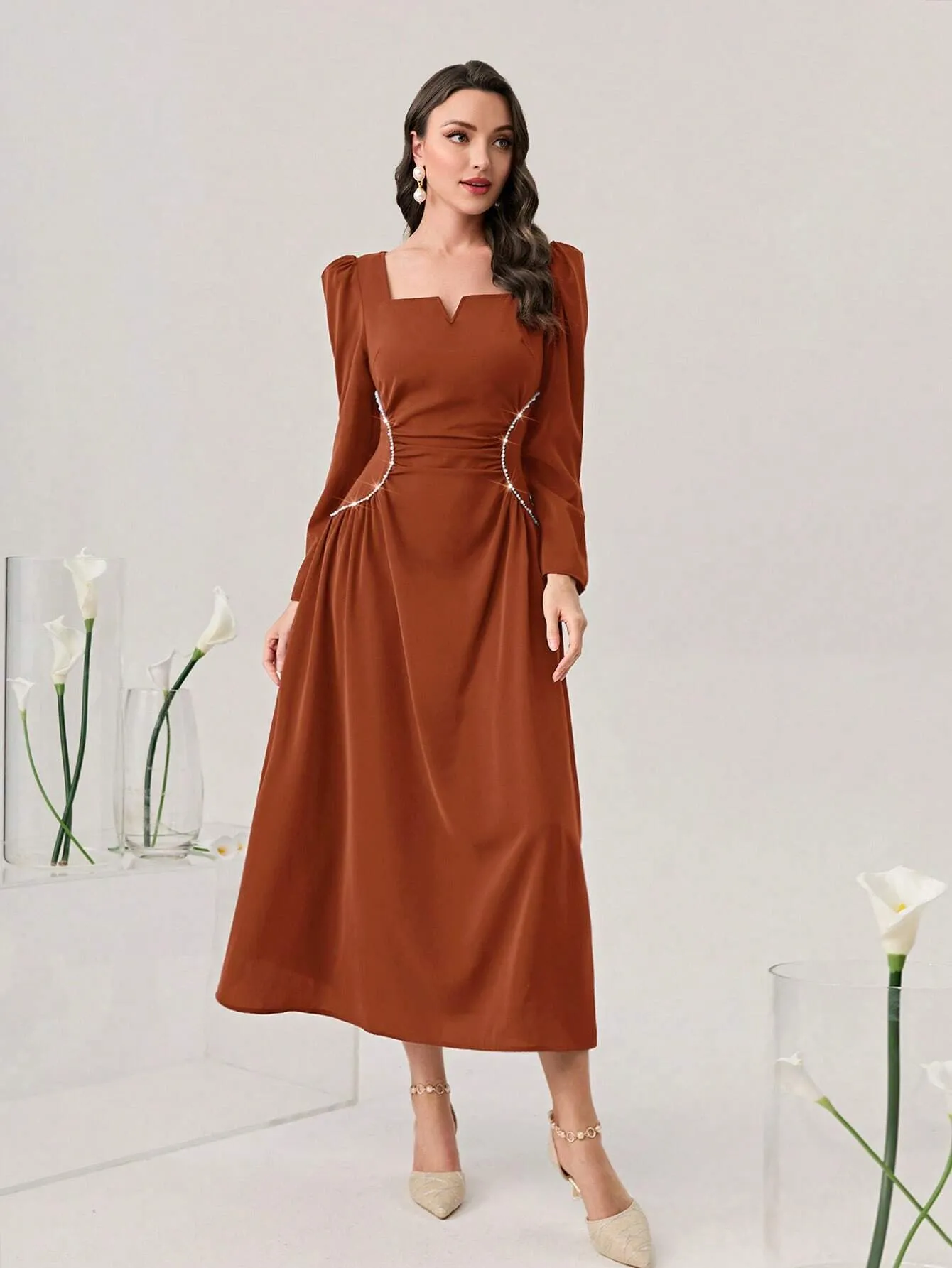 SHEIN Modely Sweetheart Neck Puff Sleeve Ruched Front Formal Dress