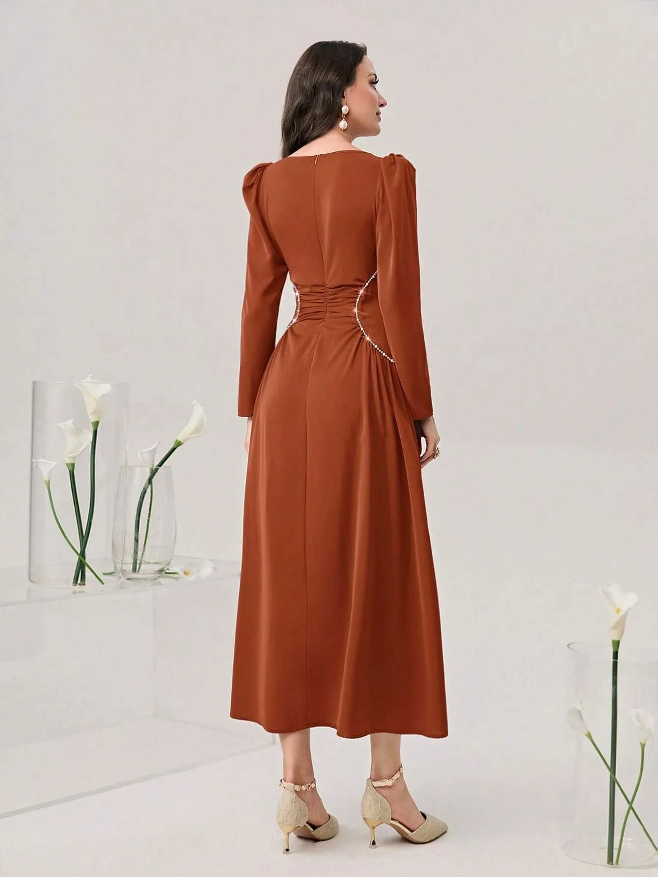 SHEIN Modely Sweetheart Neck Puff Sleeve Ruched Front Formal Dress