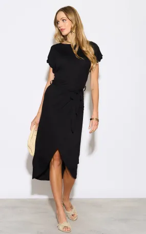 Short Sleeve Wrap Midi Dress in Black