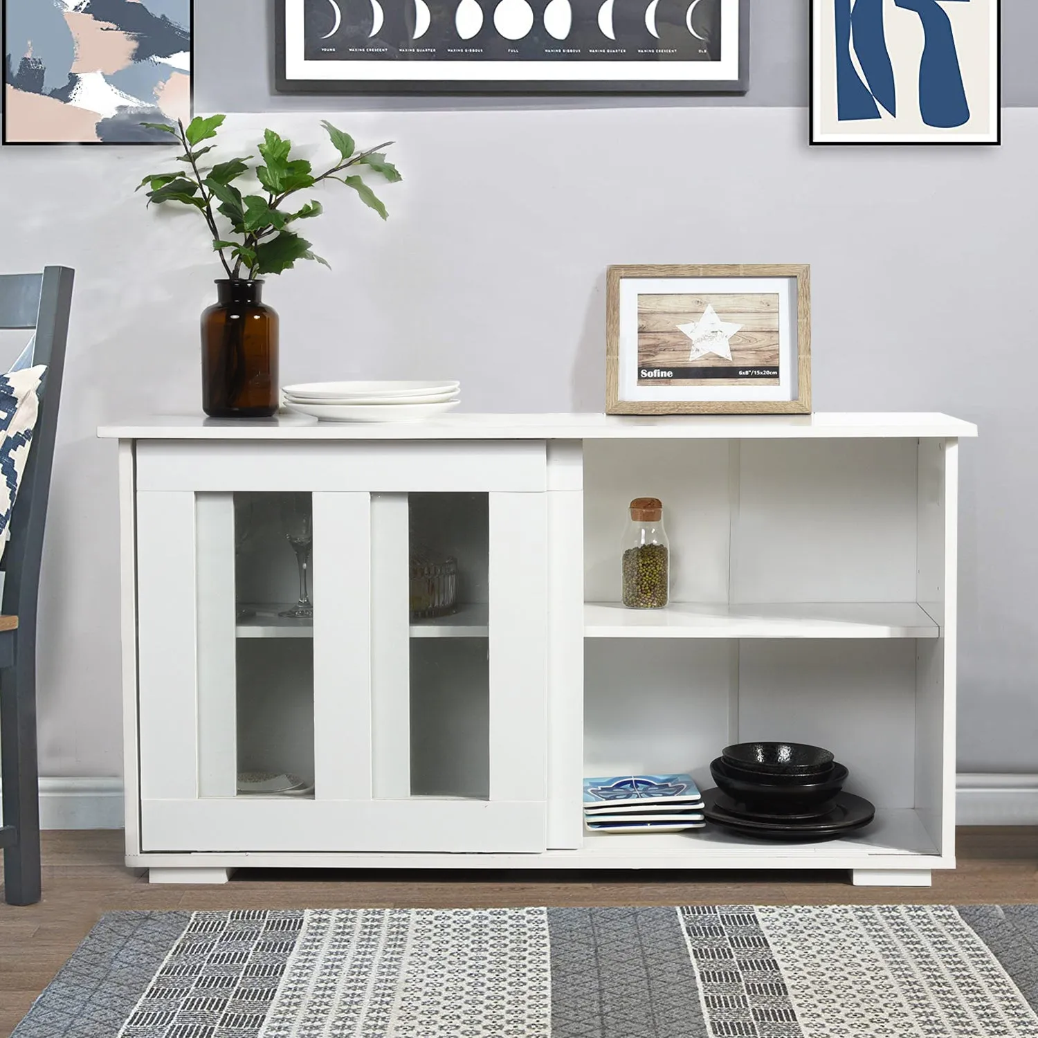 Sideboard Modern White Storage Cabinet with Sliding Doors/Adjustable Shelves