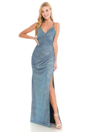 Silver Metallic Thigh Slit Formal Dress