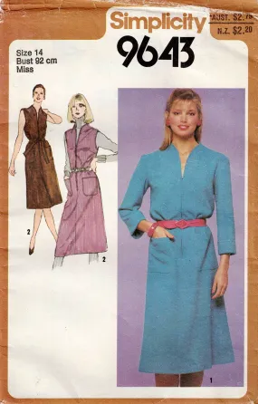 Simplicity 9643 Womens Funnel Neck Zip Front Dress or Pinafore 1980s Vintage Sewing Pattern Size 14 Bust 36 inches UNCUT Factory Folded