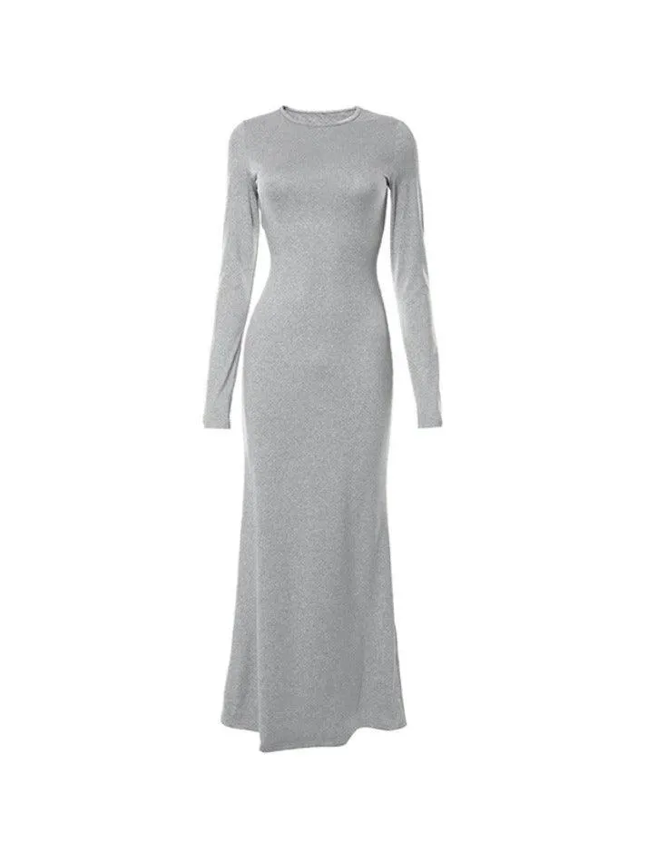 Solid Crew Neck Long Sleeve Mermaid Maxi Dress