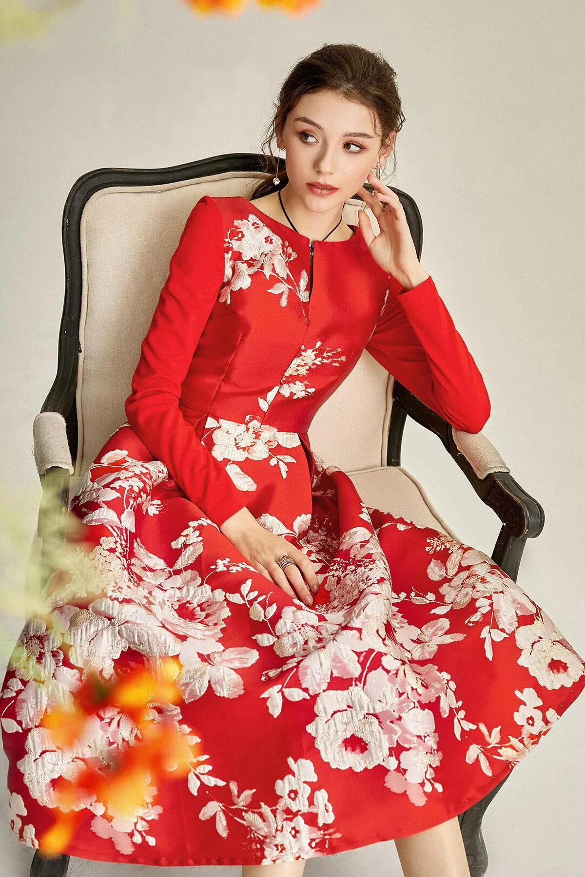 Spring retro 1950 red feminine jacquard long sleeve wedding guest audrey hepburn dress - Bailey