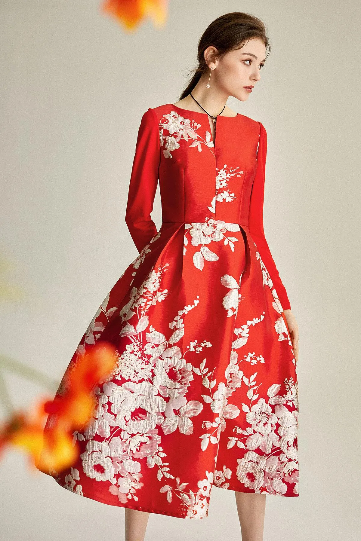 Spring retro 1950 red feminine jacquard long sleeve wedding guest audrey hepburn dress - Bailey