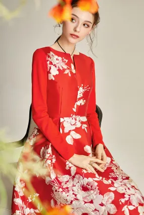 Spring retro 1950 red feminine jacquard long sleeve wedding guest audrey hepburn dress - Bailey