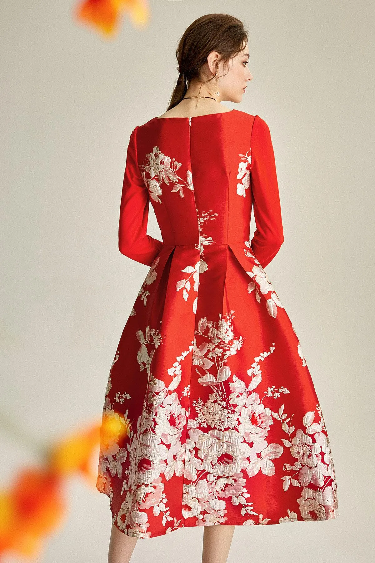 Spring retro 1950 red feminine jacquard long sleeve wedding guest audrey hepburn dress - Bailey