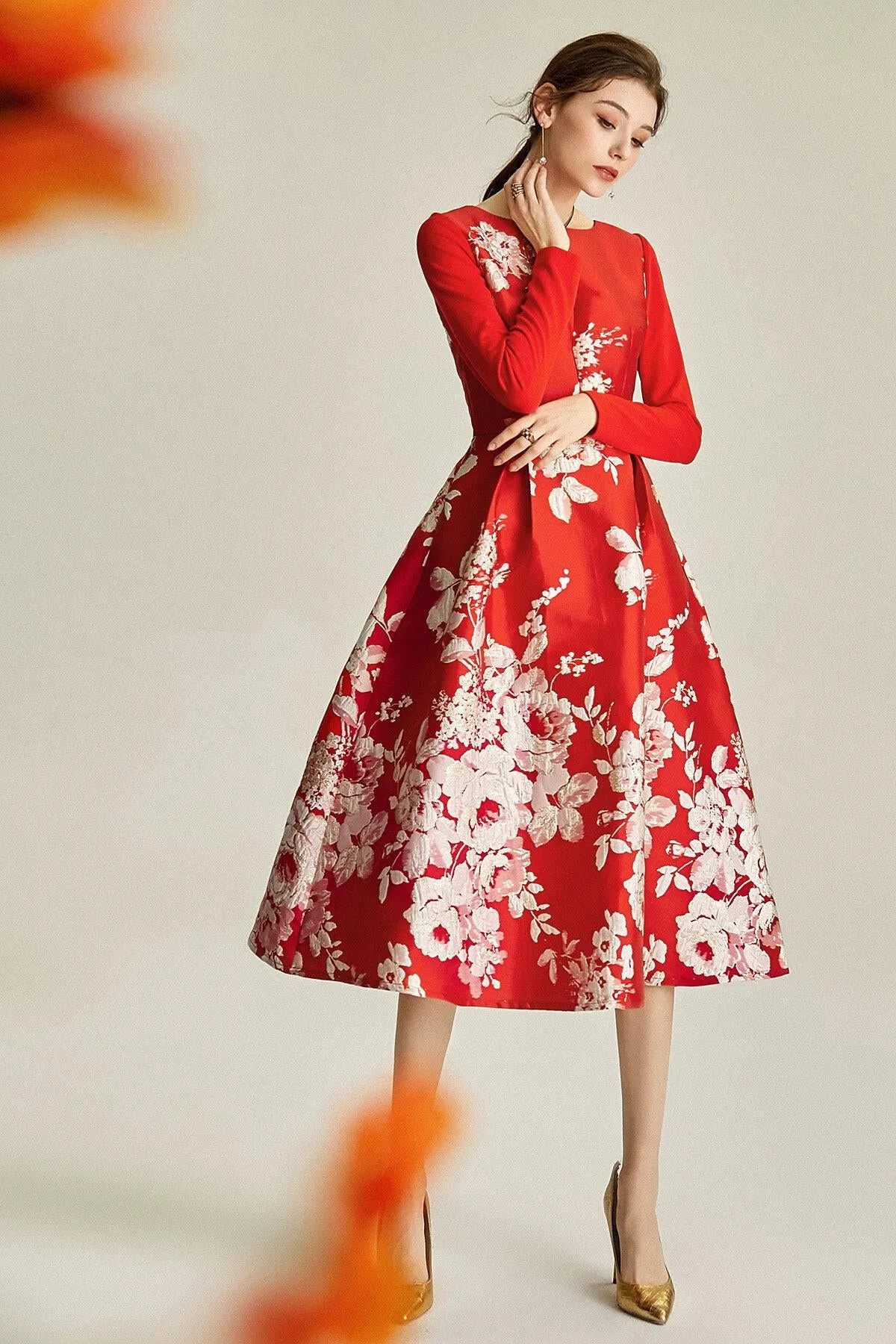Spring retro 1950 red feminine jacquard long sleeve wedding guest audrey hepburn dress - Bailey