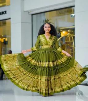 Stunning Light Green Habesha Chiffon: with Golden Embellishment Ethiopian Dress